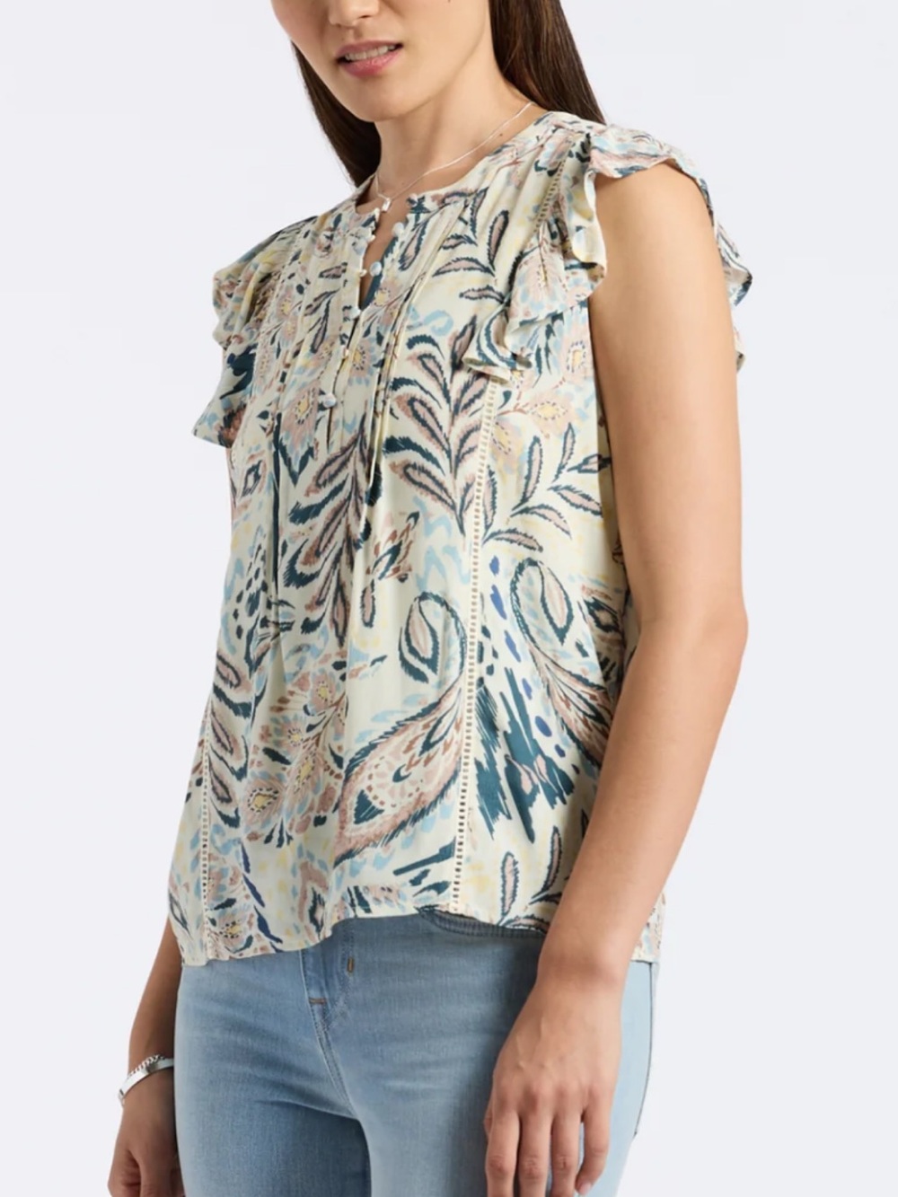 Buffalo David Bitton Cream Floral Paisley Ruffle Sleeve Tank with Navy and Tan
